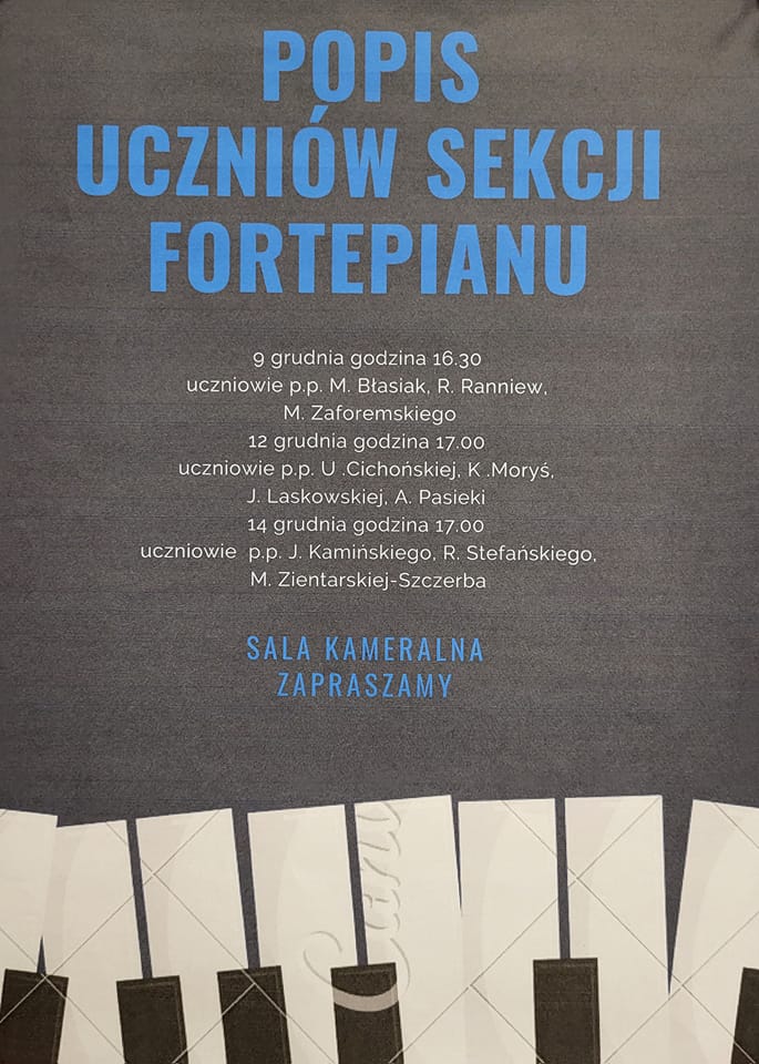 Plakat informujący o popisie uczniów sekcji fortepianu