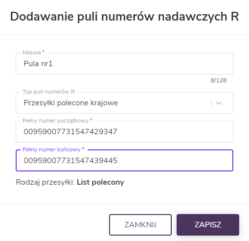 Dodawanie puli numerów nadawczych R