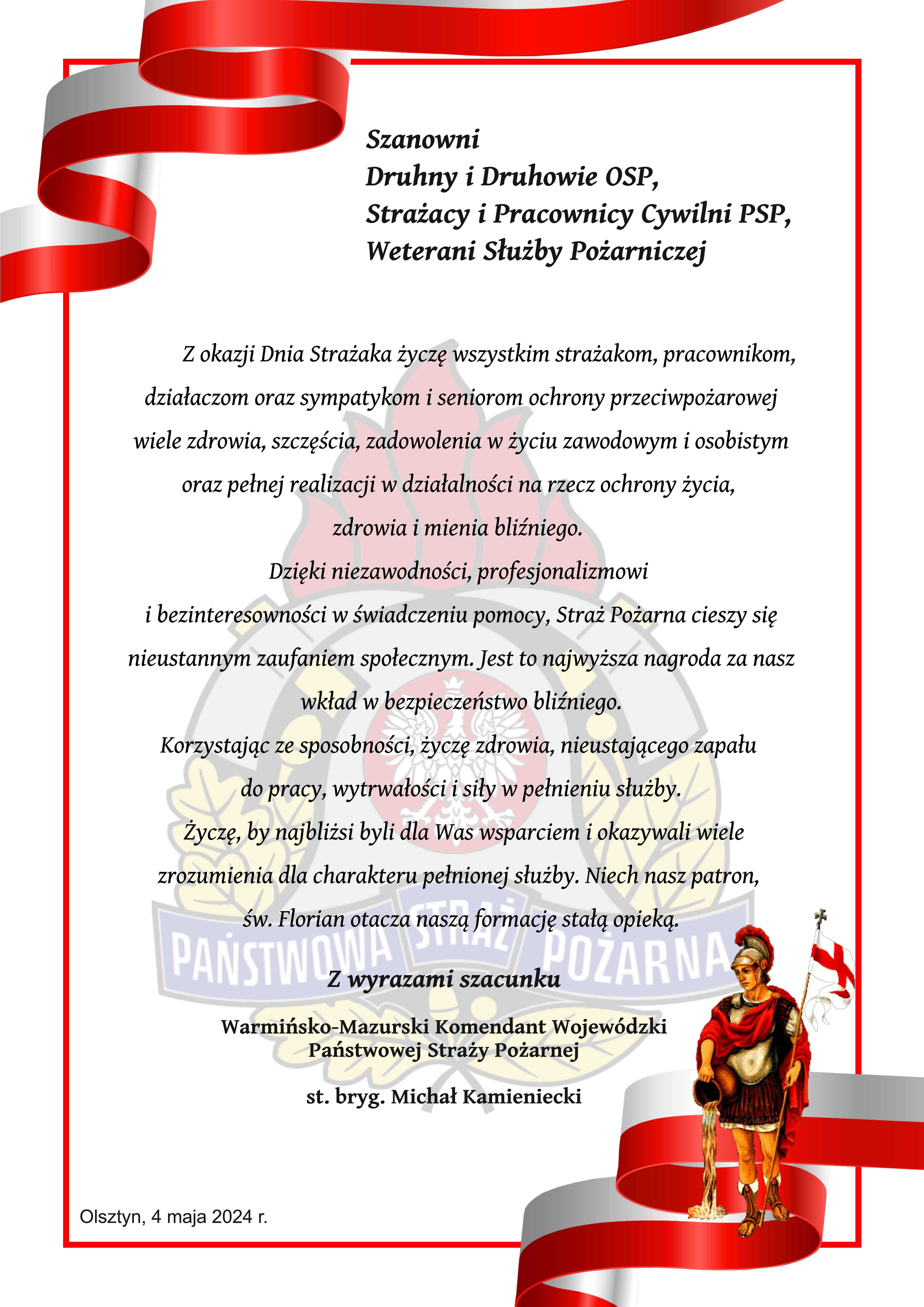 Życzenia Warmińsko-Mazurskiego Komendanta Wojewódzkiego Państwowej Straży Pożarnej z okazji Dnia Strażaka