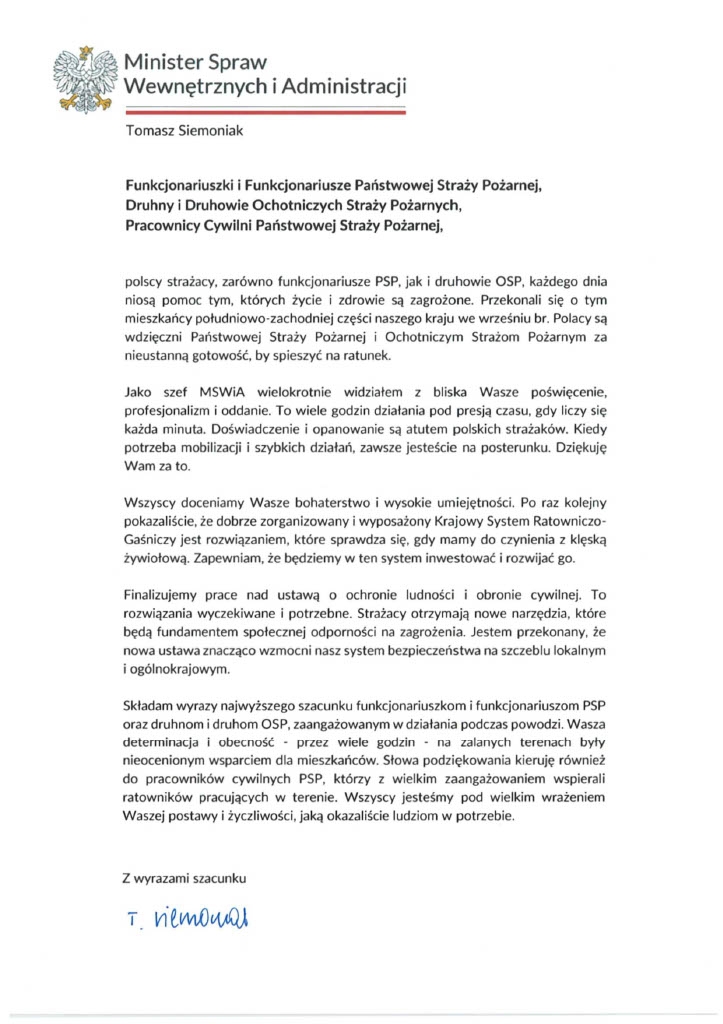 List Ministra Spraw Wewnętrznych i Administracji do Funkcjonariuszek i Funkcjonariuszy Państwowej Straży Pożarnej, Druhen i Druhów Ochotniczych Straży Pożarnych, oraz Pracowników Cywilnych Państwowej Straży Pożarnej.