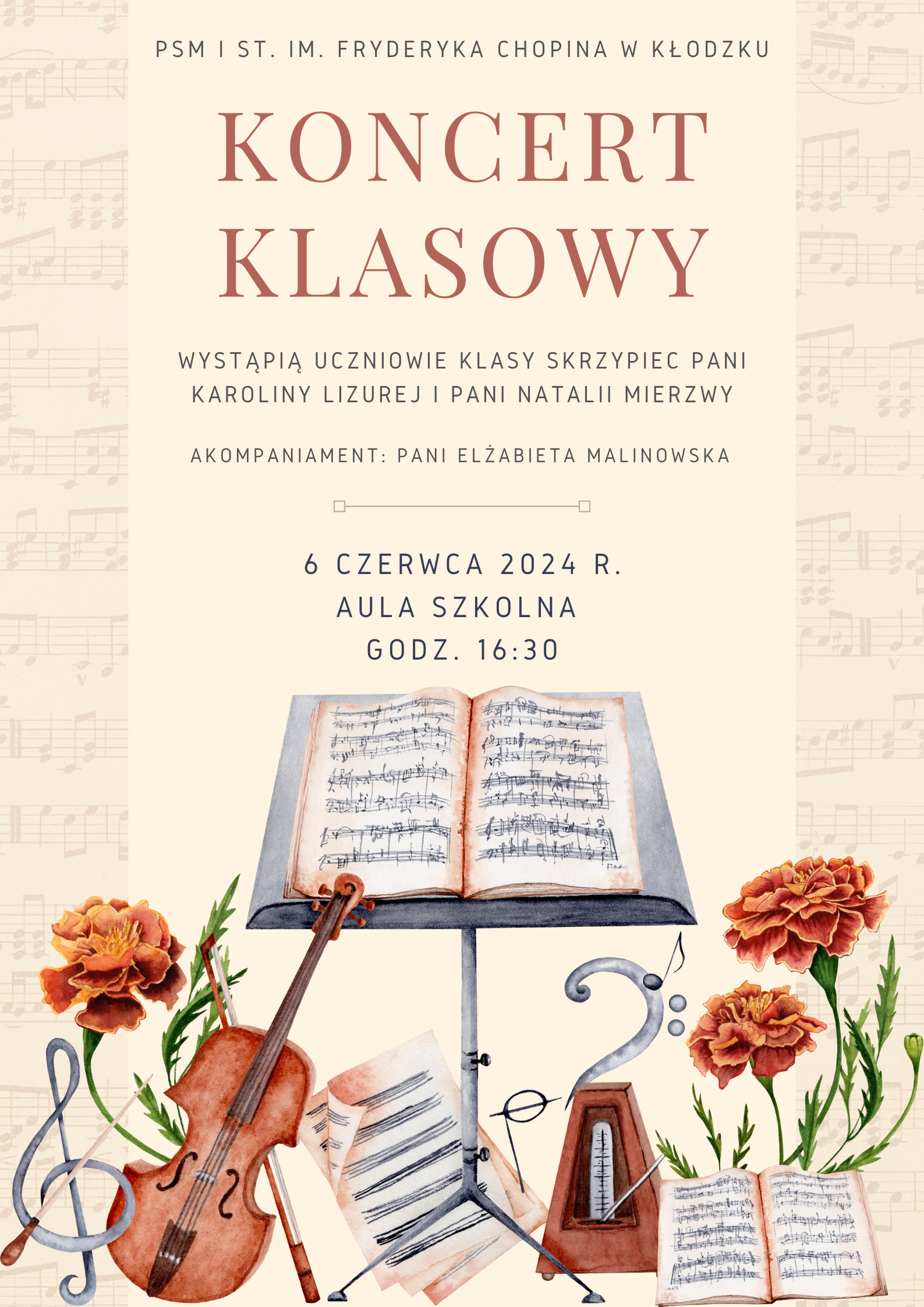 Plakat na kolorowym tle z grafiką skrzypiec u dołu plakatu oraz informacją tekstową dotyczącą koncertu uczniów klasy skrzypiec p. K. Lizurej i N. Mierzwy - 06 czerwca 2024 r.