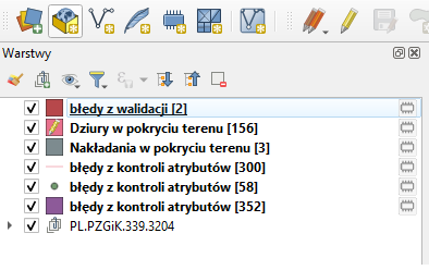 Ilustracja przedstawia zrzut okna nawigatora warstw w QGIS z warstwami zawierającymi błędy z walidacji, kontroli atrybutów lub błędów w pokryciu terenu w BDOT10k