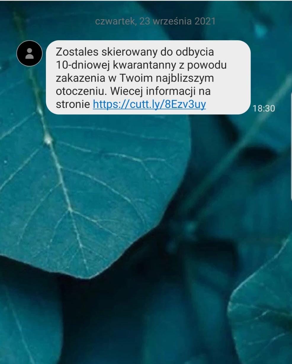 Przykładowy fałszywy SMS o Kwarantannie zrzut ekranu