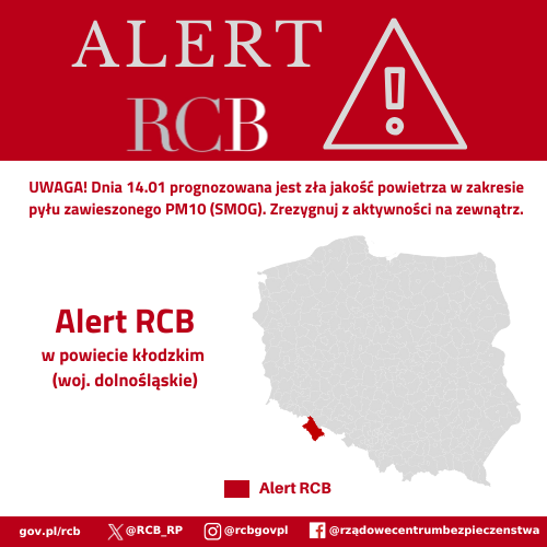 Alert RCB smog 14 stycznia. Korolem czerwonym zaznaczony jest obszar alarmowania.