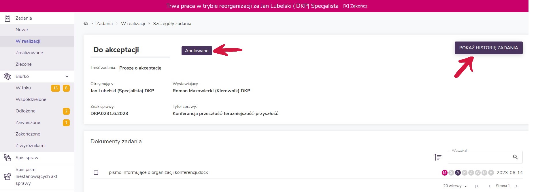 Widok ekranu EZD RP. Anulowane zadanie znajdujące się w widoku Reorganizacji.
