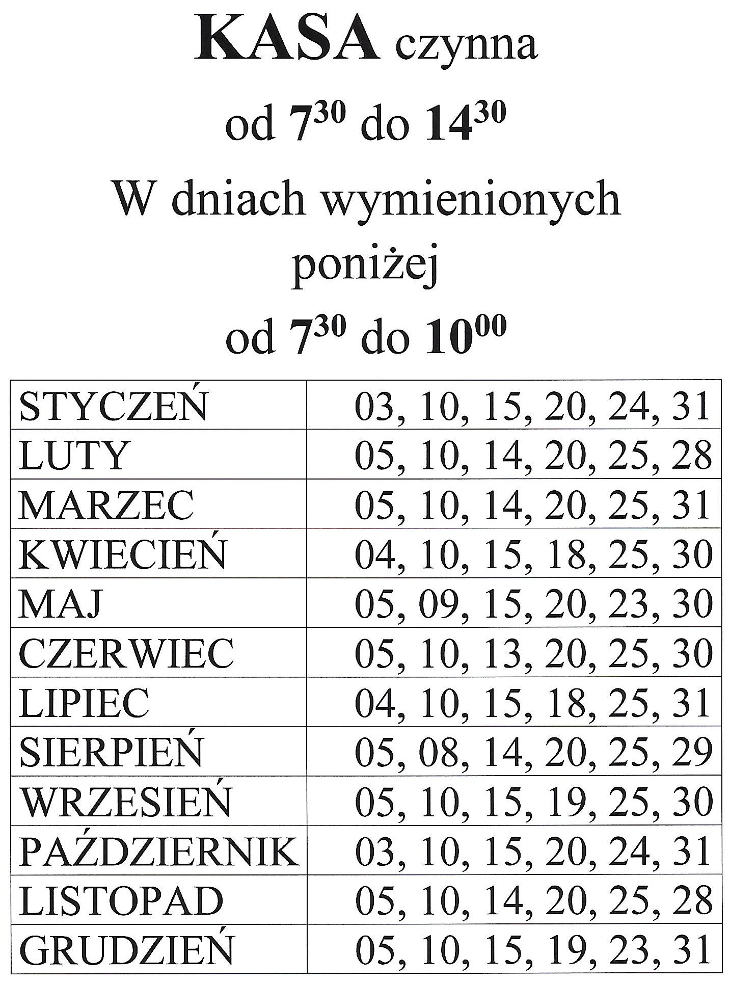 Informacja na temat godzin otwarcia kasy - 2025 rok