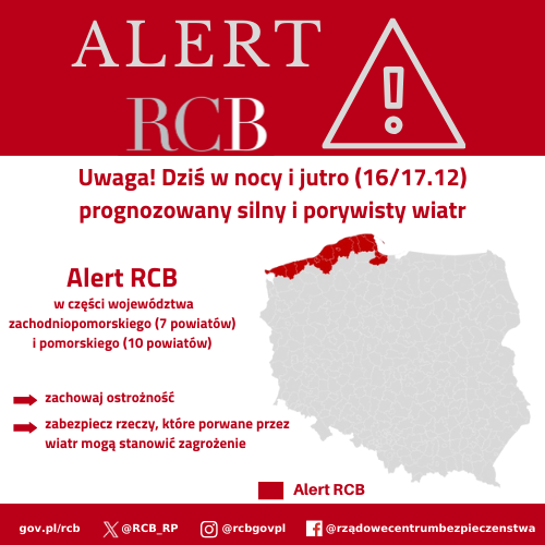 Alert RCB – mapka przedstawia obszar kraju (zaznaczony na czerwono), na który wysłano powiadomienie o zagrożeniu.