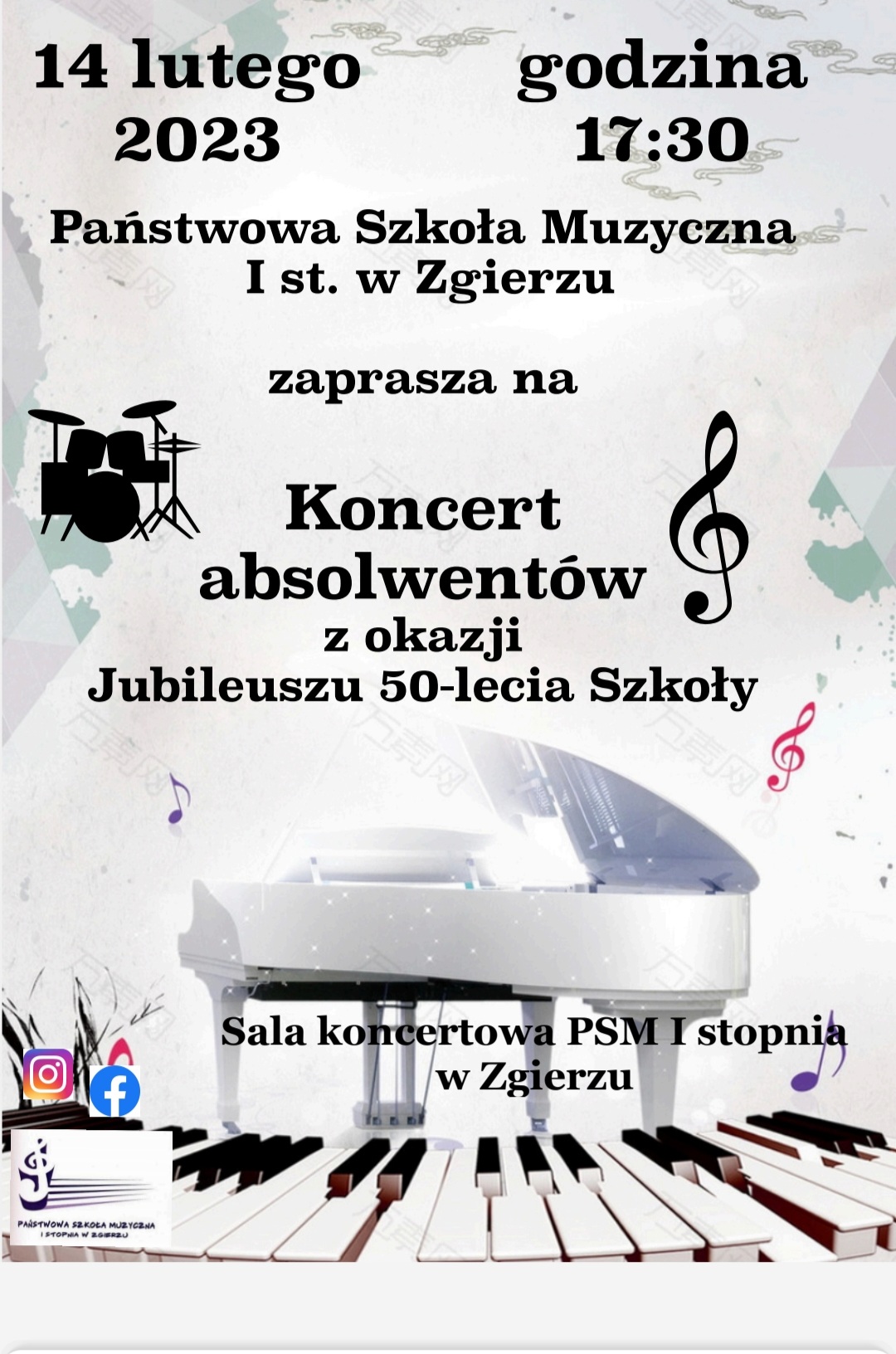 Plakat informujący o koncercie absolwentów PSM I Stopnia w Zgierzu z okazji Jubileuszu 50 lecia szkoły
