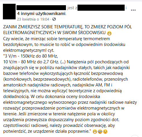 Zrzut ekranu z wpisem z jednych z portali społecznościowych z informacją z instrukcji obsługi i sugestią, żeby przed pomiarem temperatury zmierzyć wartość pola elektromagnetycznego.