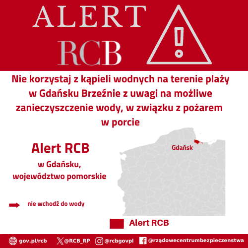 Alert RCB 15 lipca. Kolorem czerwonym zaznaczony jest obszar alarmowania.