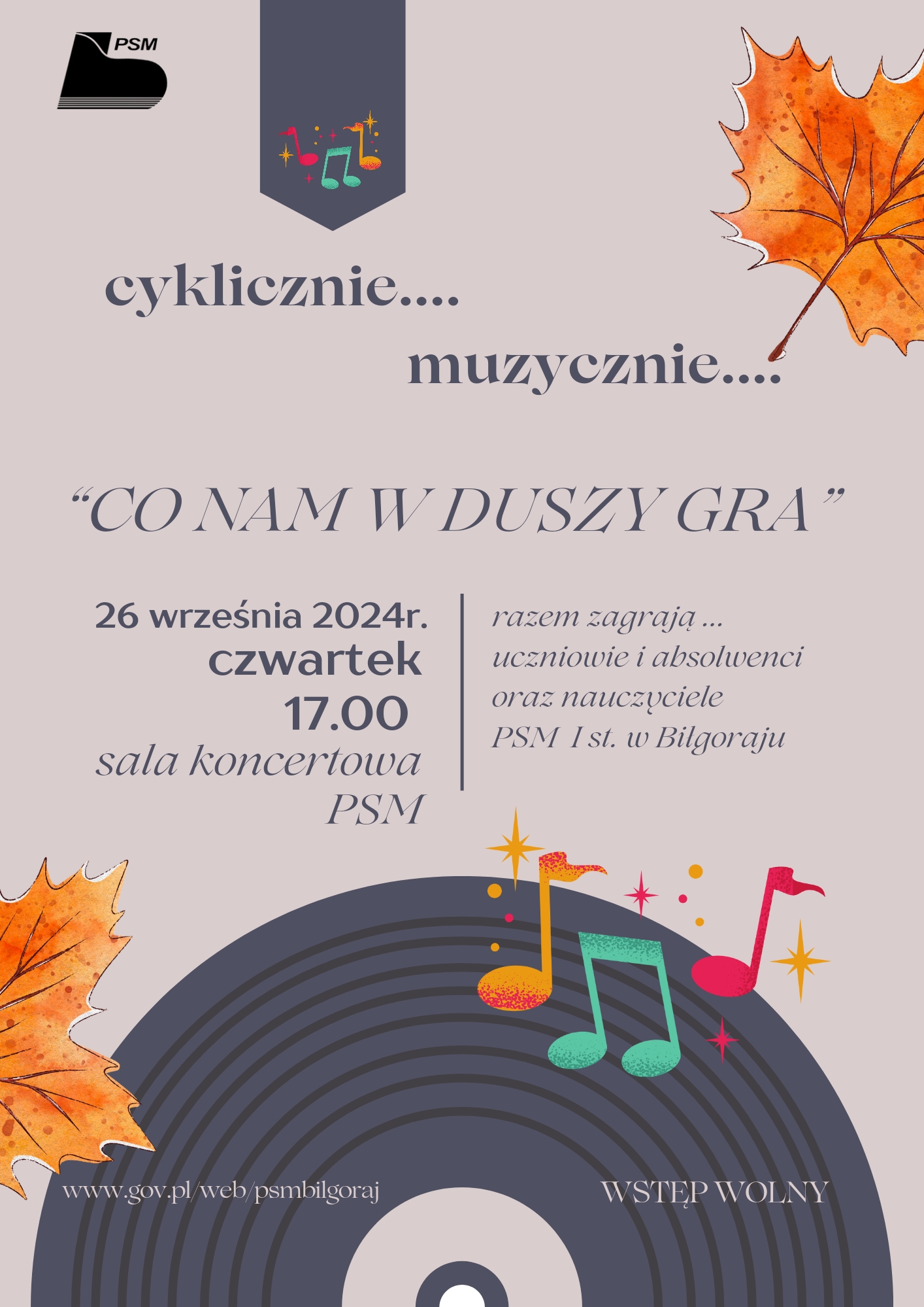 Plakat koncertu. Informacje o godzinie i lokalizacji. Logo. Elementy dekoracyjne. Nutki.