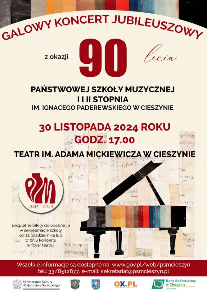 Plakat z okazji Jubileuszy 90 lecia PSM w Cieszynie 