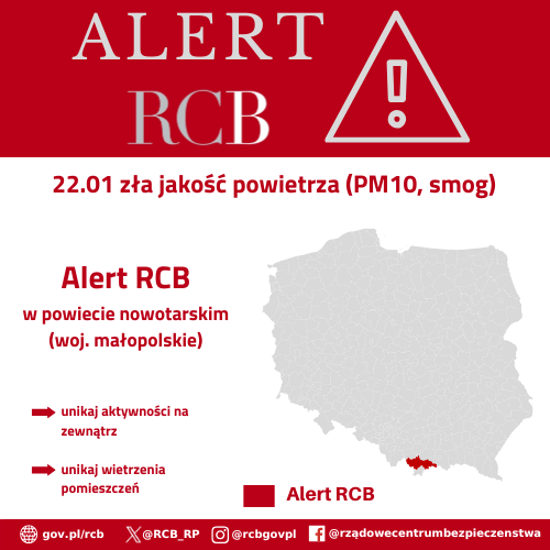 Alert RCB 22 stycznia – zła jakość powietrza. Kolorem czerwonym zaznaczony jest obszar alarmowania.