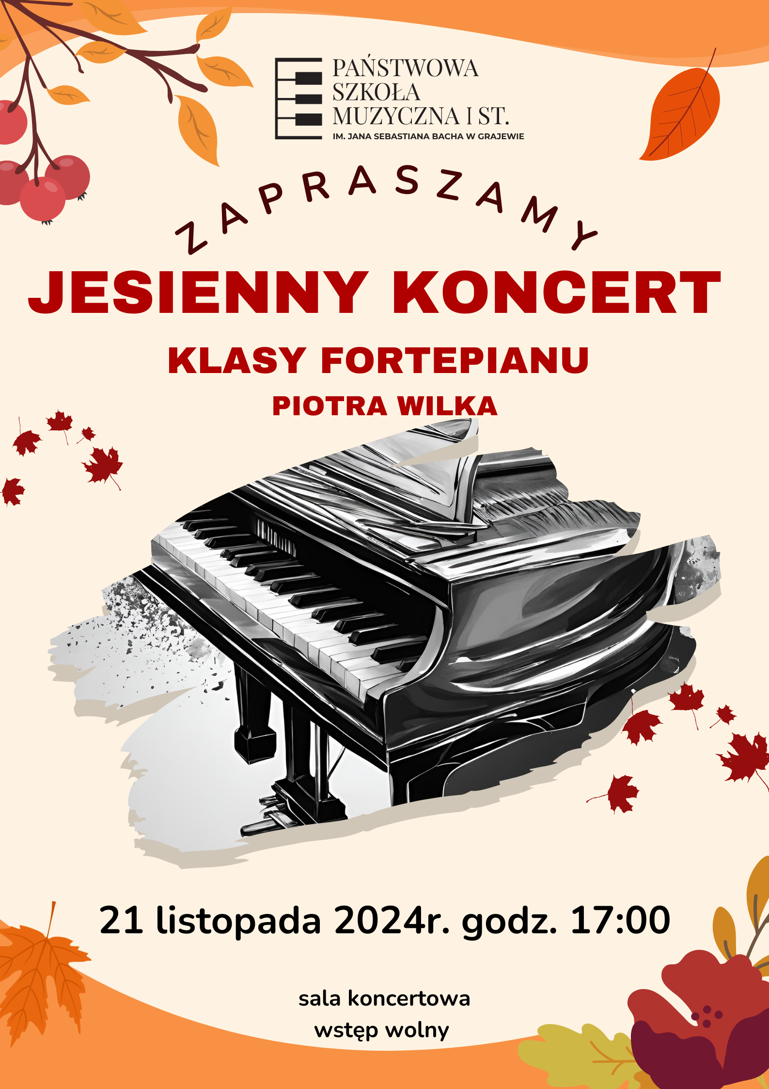 Plakat z jesiennych barwach z informacją o koncercie jesiennym klasy fortepianu Piotra Wilka. Na środku artystyczne zdjęcie fortepianu w czarno-białej kolorystyce. 