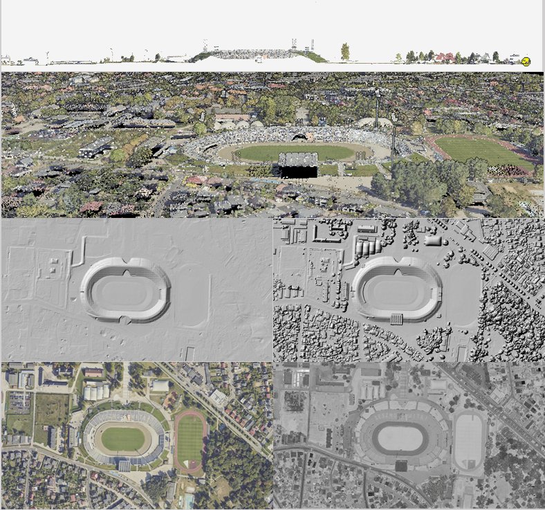 Ilustracja przedstawia dane fotogrametryczne (Ilustracja przedstawia zrzut z przekroju chmury punktów, zrzut numerycznego modelu terenu, zrzut numerycznego modelu pokrycia terenu, zrzut ortofotomapy, zrzut obrazów intensywności