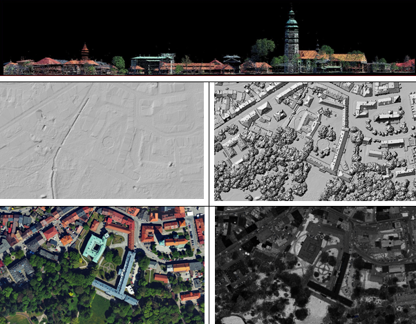 Ilustracja przedstawia zrzut z przekroju chmury punktów, numerycznego modelu terenu, numerycznego modelu pokrycia terenu, zrzut ortofotomapy, zrzut obrazów intensywności