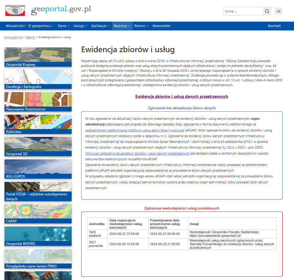 zrzut z serwisu wwww.geoportal.gov.pl prezentujący "Zgłoszone niedostępności usług powiatowych"
