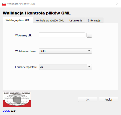 Ilustracja przedstawia zrzut okna wtyczki Walidator plików GML w oprogramowaniu QGIS z wybraną zakładką Walidacja plików GML