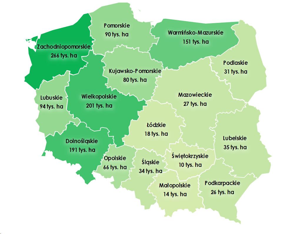 Rys. 1. Grunty pozostające w Zasobie WRSP (1 332,7 tys. ha) wg stanu na 30 czerwca 2024 r. w podziale na województwa