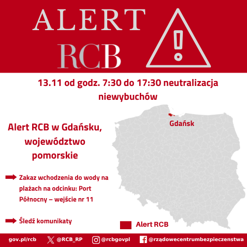 Alert RCB – mapka przedstawia obszar kraju (zaznaczony na czerwono), na który wysłano powiadomienie o zagrożeniu.