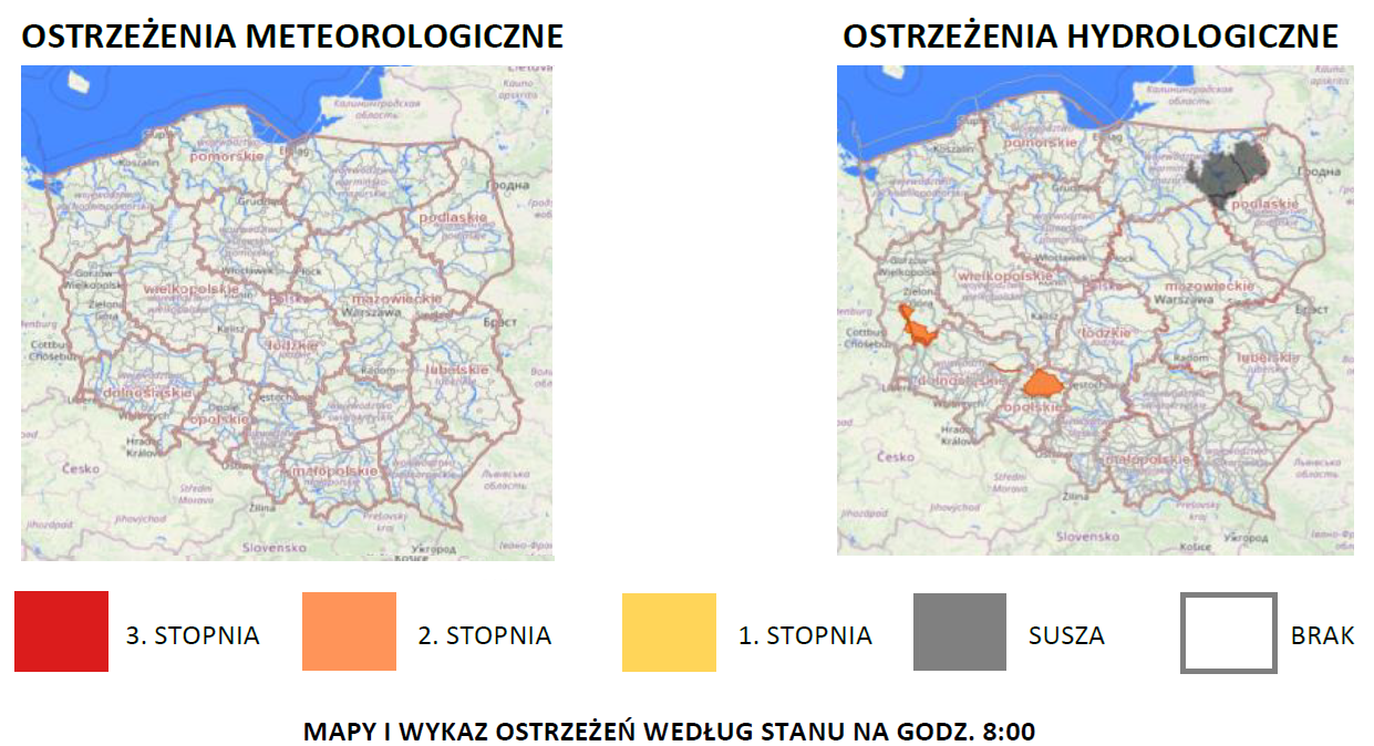 Ostrzeżenia meteorologiczne i hydrologiczne z podziałem na województwa. Kolor czerwony dla ostrzeżeń 3 stopnia, pomarańczowy dla 2 stopnia, żółty dla 1 stopnia, szary dla suszy, biały brak ostrzeżeń. 17 stycznia 2025 r. obowiązują ostrzeżenia hydrologiczne – susza hydrologiczna, wezbranie z przekroczeniem stanów ostrzegawczych.