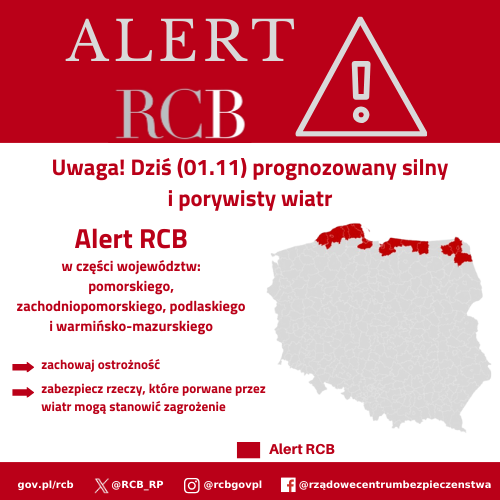 Alert RCB – mapka przedstawia obszar kraju (zaznaczony na czerwono), na który wysłano powiadomienie o zagrożeniu.