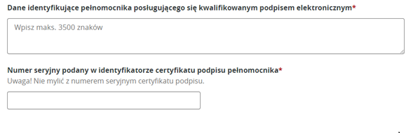 Widok z aplikacji dotyczący miejsca wpisania danych identyfikujących pełnomocnika oraz numeru seryjnego w identyfikatorze certyfikatu podpisu pełnomocnika