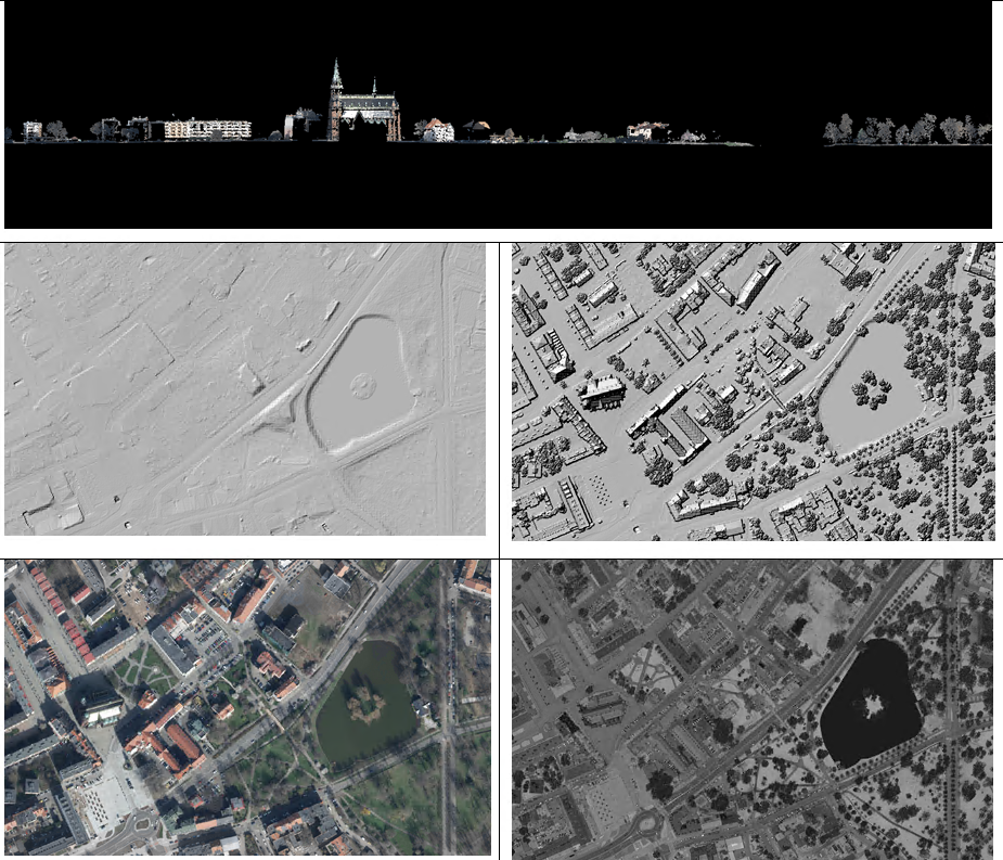 Ilustracja przedstawia zrzut z przekroju chmury punktów, zrzut numerycznego modelu terenu, zrzut numerycznego modelu pokrycia terenu, zrzut ortofotomapy, zrzut obrazów intensywności