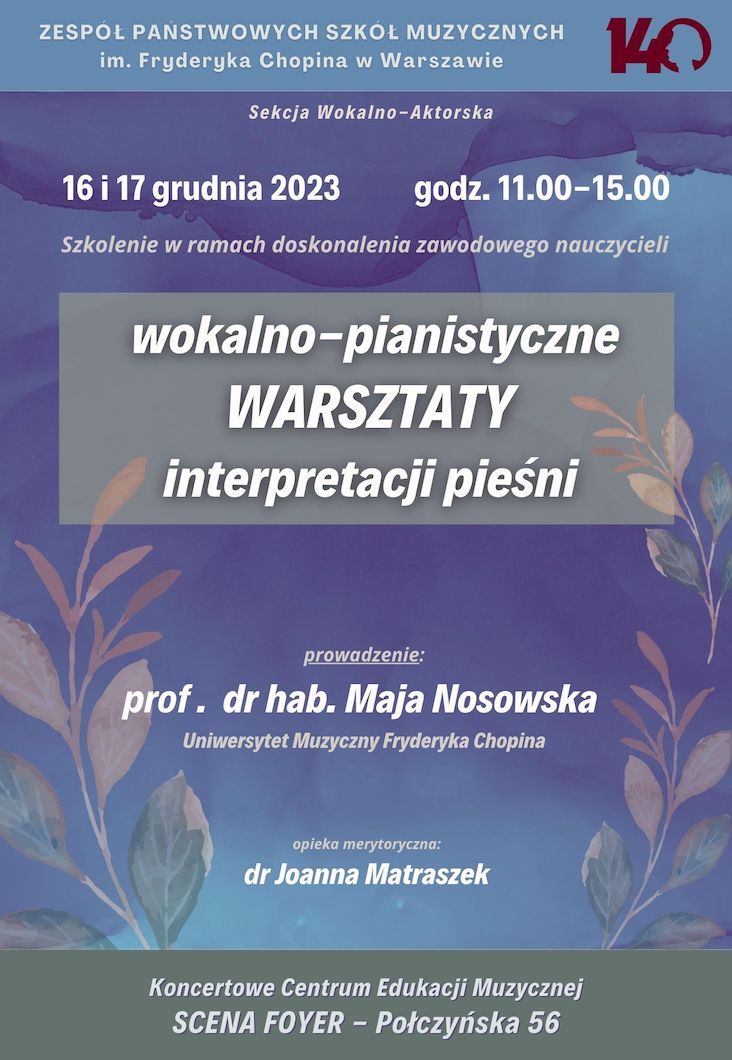 Afisz - Warsztaty wokalne - prof. dr hab. Maja Nosowska 16.12.2023