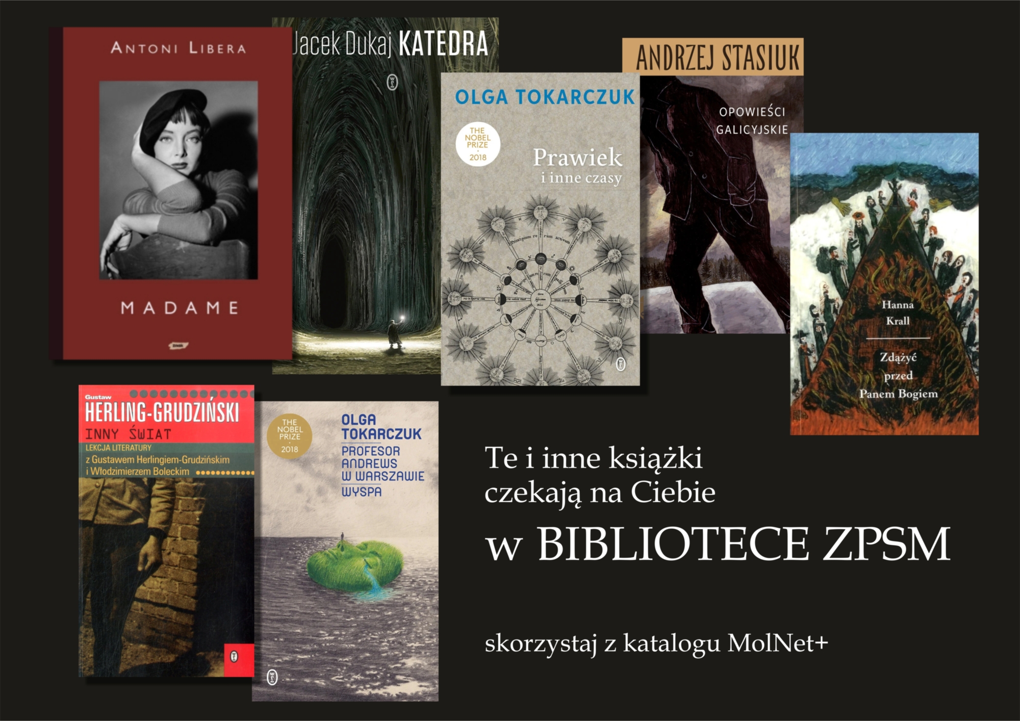 Grafika przedstawia okładki lektur szkolnych dla LO i prezentuje napis: te i inne książki czekają na ciebie w bibliotece ZPSM. Skorzystaj z katalogu MolNet+