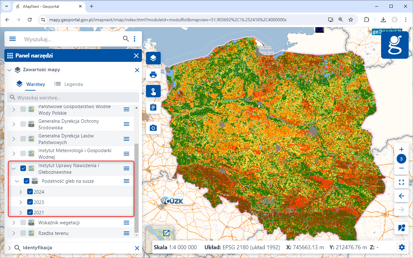 zrzut z serwisu www.geoportal.gov.pl prezentujący podłączoną usługę IUNG