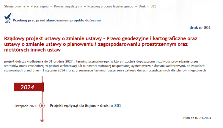 Zrzut ekranu ze strony Sejmu RP przedstawiający projekt nowelizacji ustawy