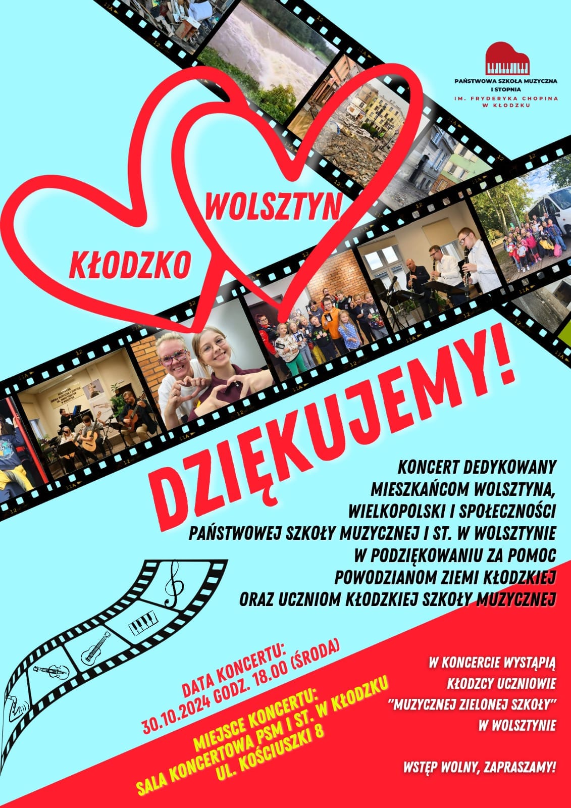 Plakat na niebiesko czerwonym tle z szczegółową informacją tekstową dotyczącą koncertu z podziękowaniami dla wszystkich mieszkańców Wolsztyna oraz zdjęciami z wyjazdu uczniów z Kłodzka na Muzycznej Zielonej Szkole.