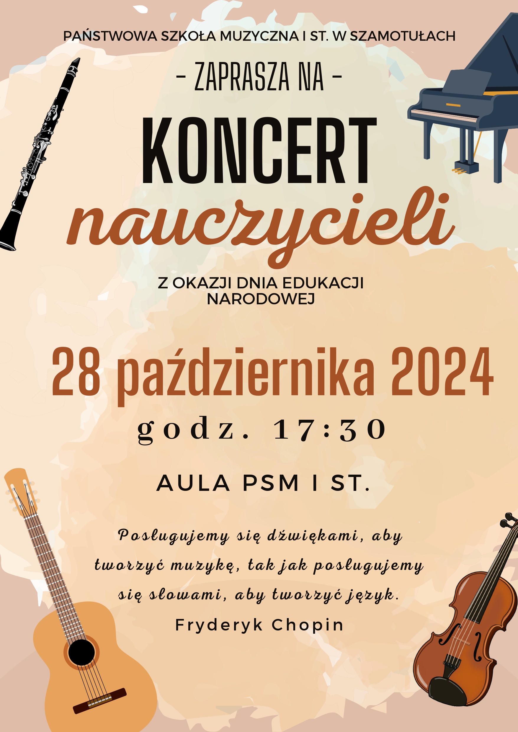 na jasnobeżowym tle widnieją grafiki instrumentów, pośrodku jest napis informujący o dacie i godzinie koncertu