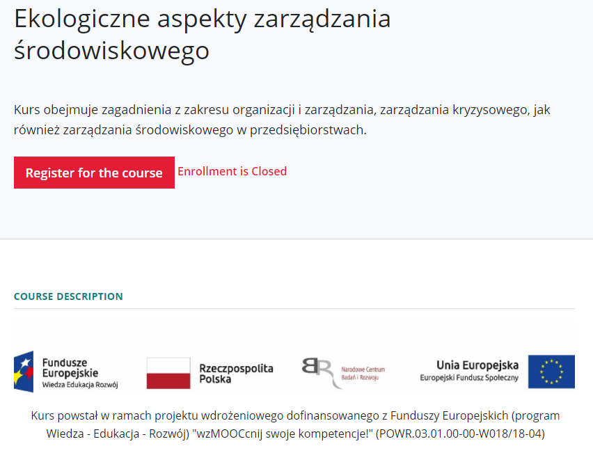 Screenshot from the navoica.pl platform. Presentation of the course "Ecological aspects of environmental management". The course covers issues of organization and management, crisis management, as well as environmental management in enterprises
