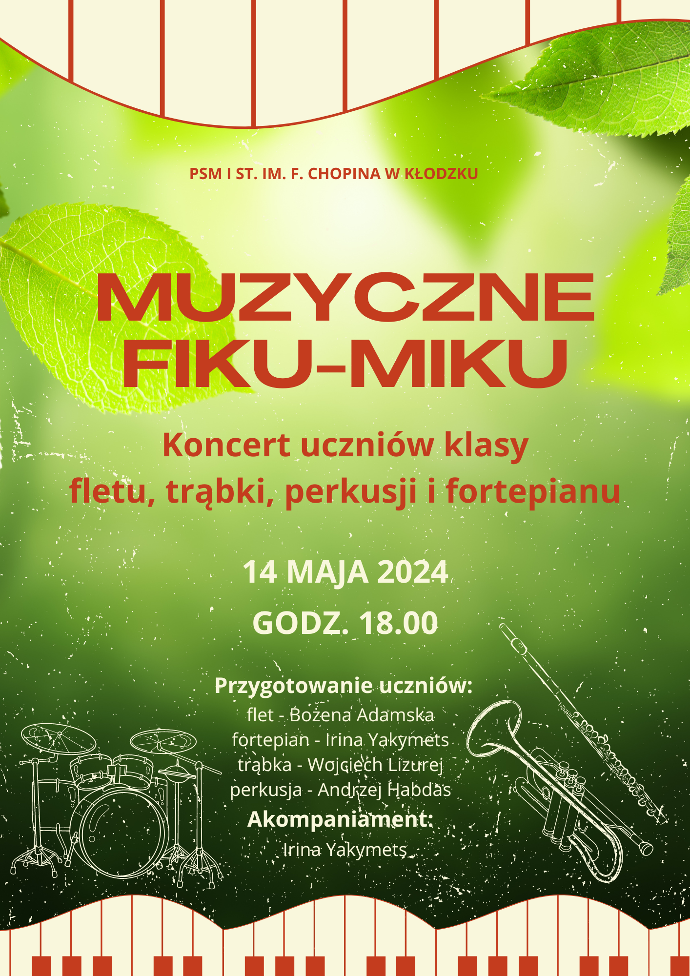 Plakat na zielonym tle z grafiką instrumentów oraz szczegółową informacją tekstową dotyczącą koncertu uczniów klasy fletu, trąbki, perkusji i fortepianu 14 maja 2024 