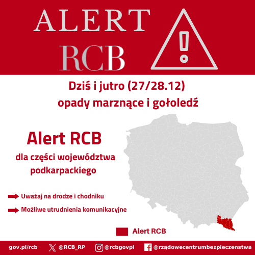 Alert RCB - opady marznące i gołoledź. Kolorem czerwonym zaznaczony jest obszar alarmowania.