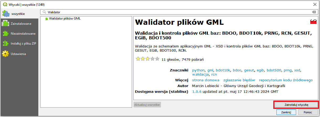 Ilustracja przedstawia sposób instalacji wtyczki Walidator plików GML w oprogramowaniu QGIS
