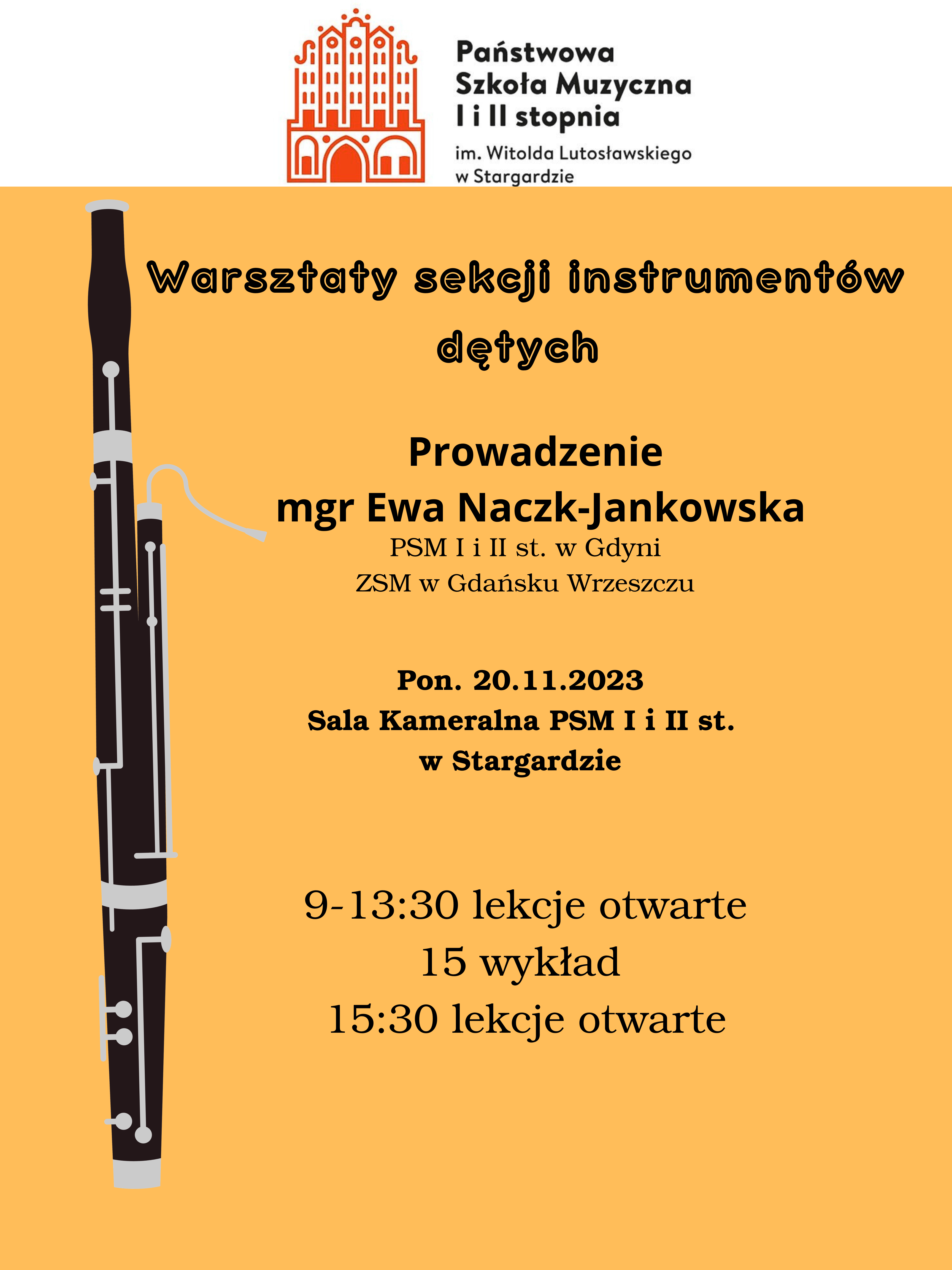 Plakat informacyjny o Warsztatach instrumentów dętych w dniu 20 listopada 2023. Z lewej strony plakatu na pomarańczowym tle znajduje się grafika fagotu.