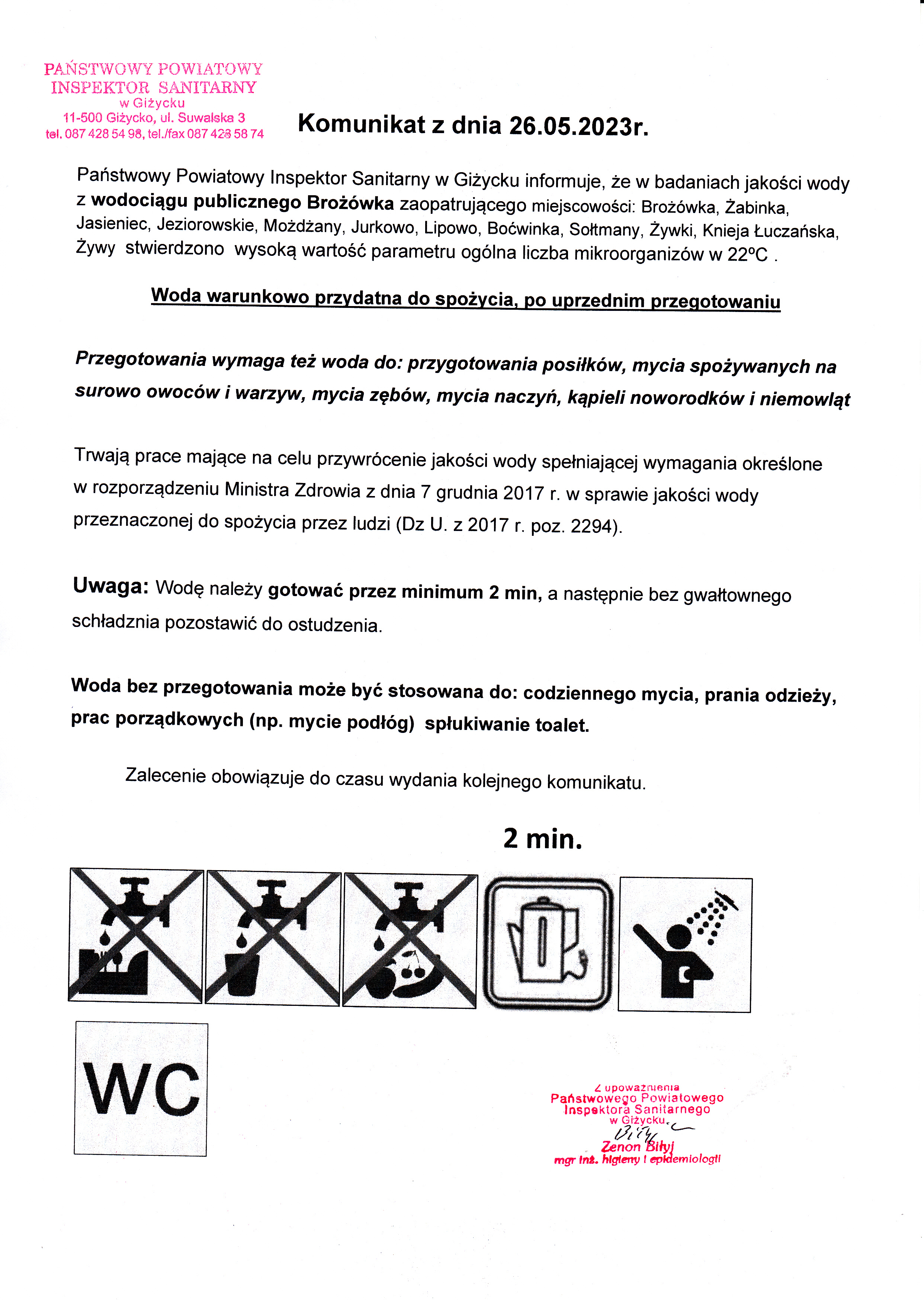 Komunikat z dnia 26.05.2023 r. (dot. wodociągu publicznego Brożówka)