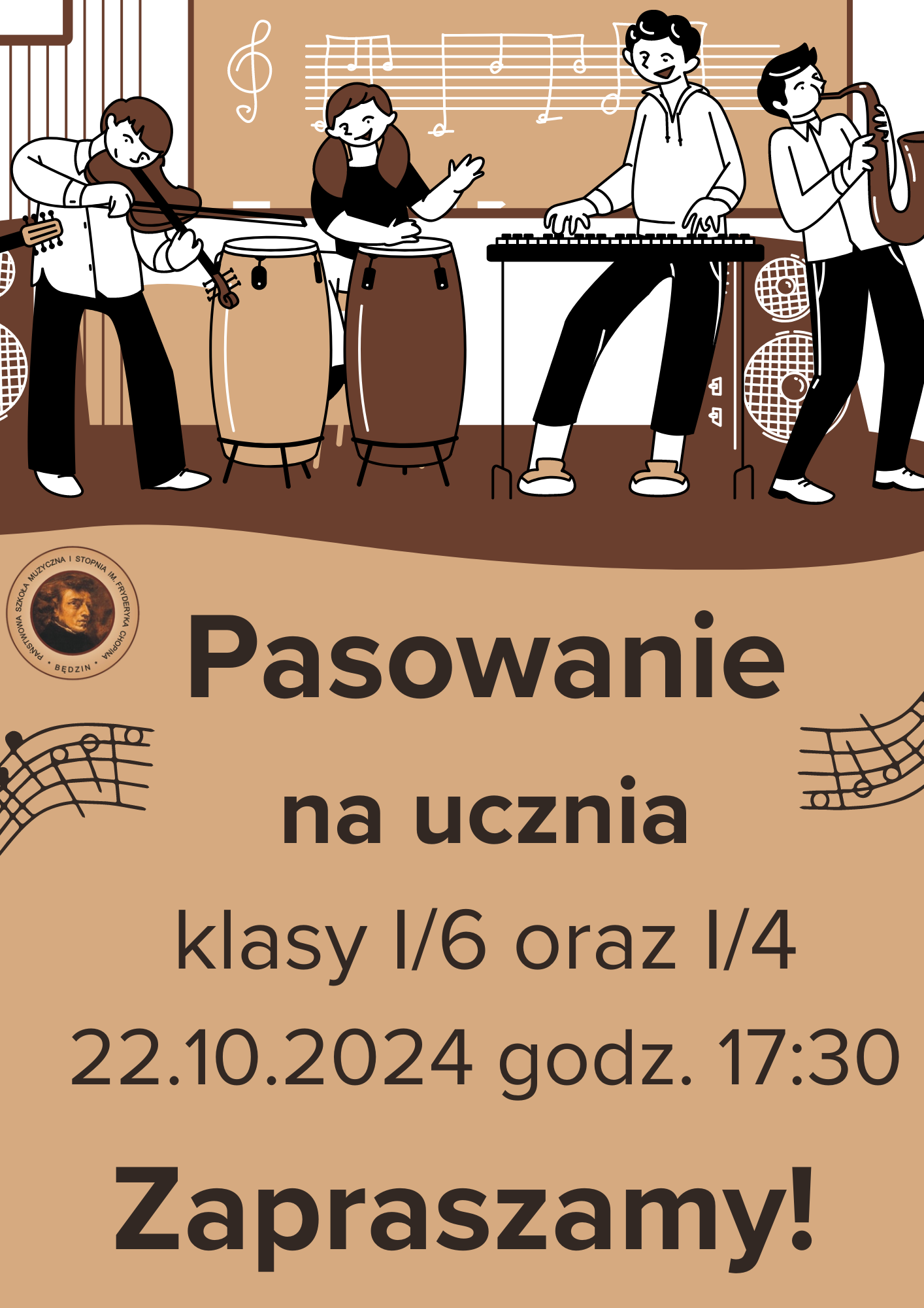 plakat na beżowym tle, na środku napisy, od góry ikony muzyków