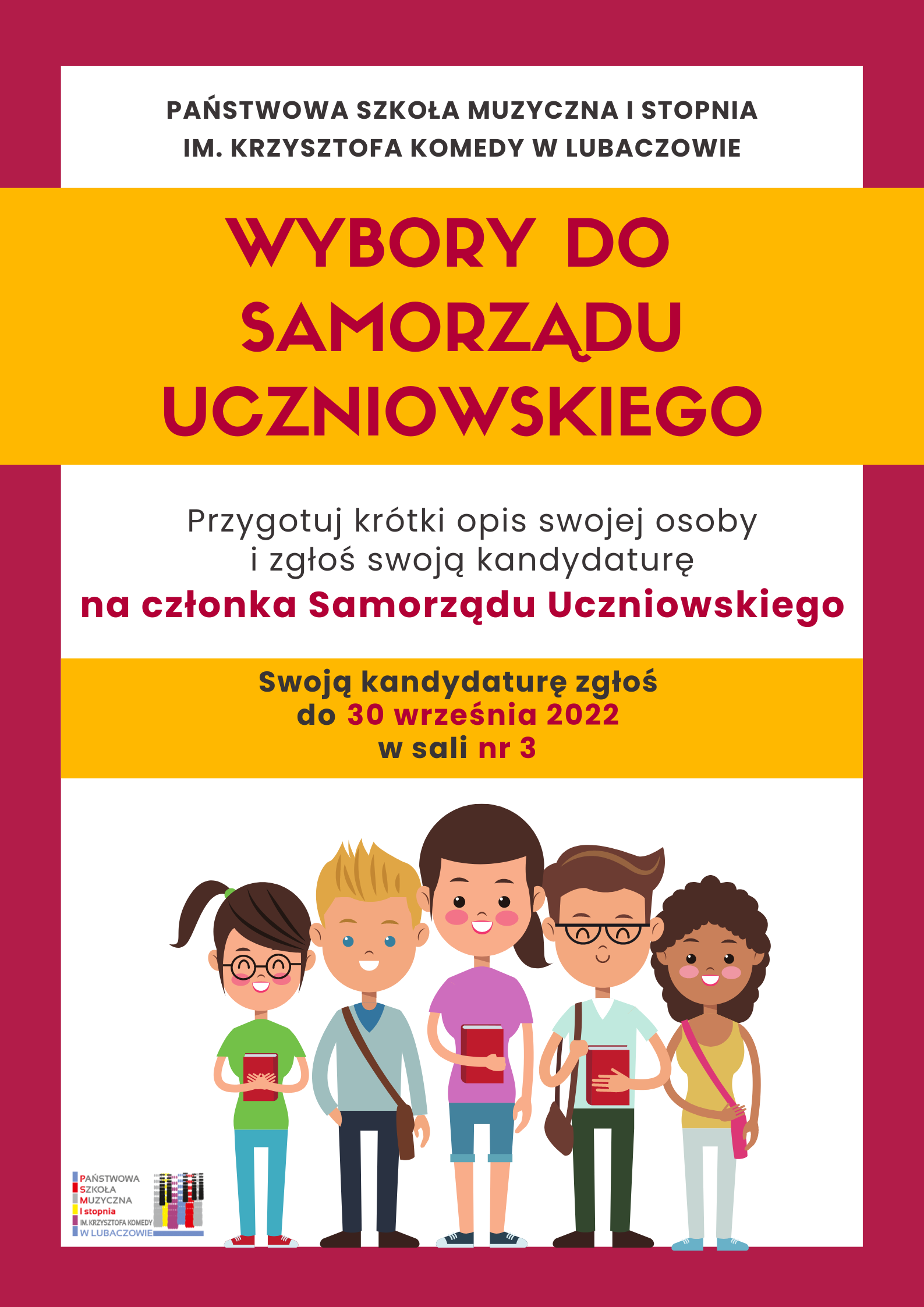 Kolorowy plakat z ikonografią dzieci na dole i informacją o wyborach do samorządu uczniowskiego w terminie do 30 września