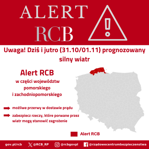 Alert RCB – mapka przedstawia obszar kraju (zaznaczony na czerwono), na który wysłano powiadomienie o zagrożeniu.