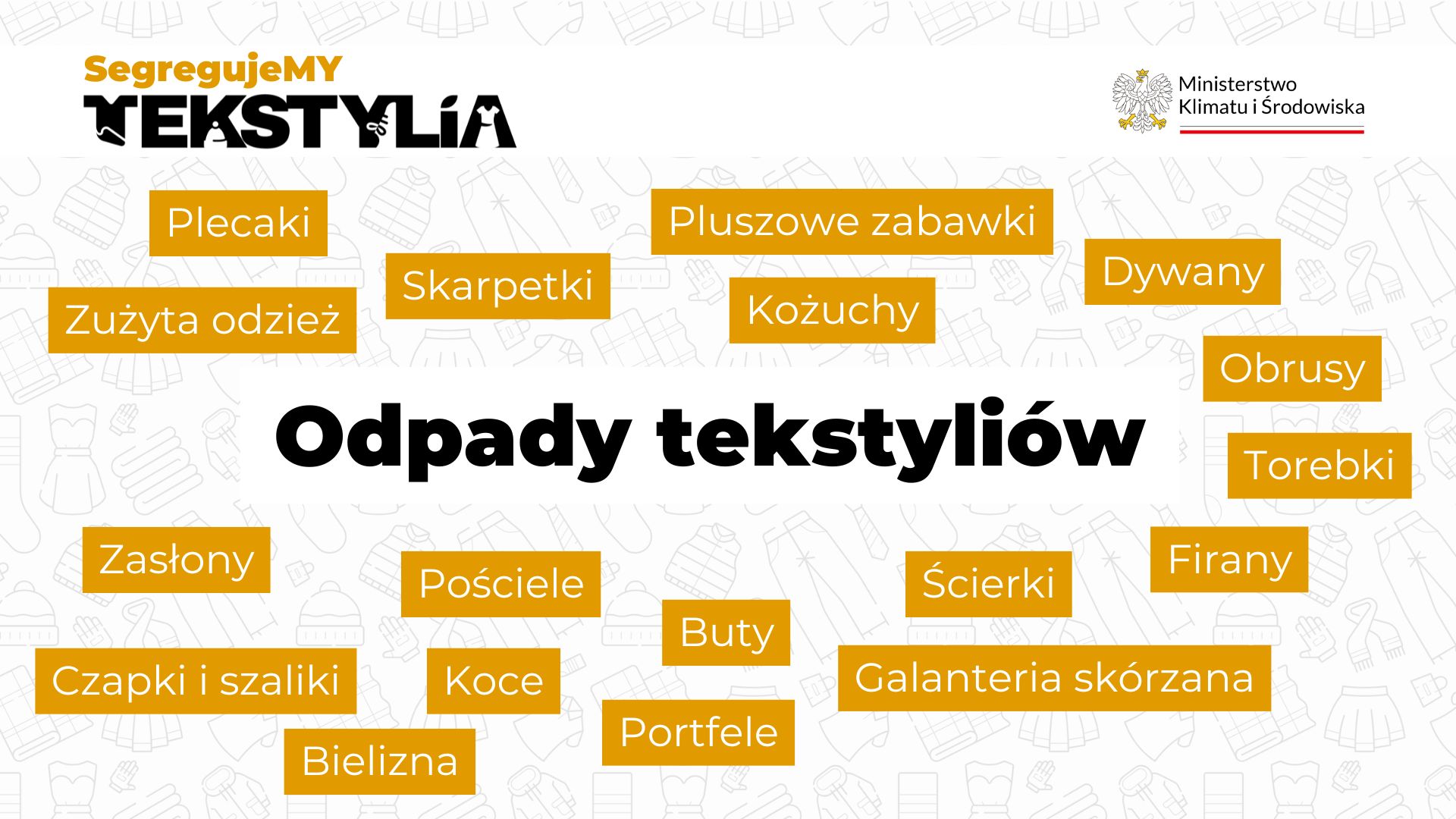 Infografika o selektywnej zbiórce odpadów tekstyliów i odzieży zawierająca przykłady: zużyta odzież, obuwie, pościel, zasłony, ręczniki, obrusy, koce, firany, bielizna, skarpetki, rękawiczki, czapki, szaliki, portfele, torebki, paski, galanteria skórzana, plecaki, pluszowe zabawki oraz dywany.