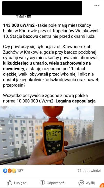 Zrzut ekranu z jednego z mediów społecznościowych, na którym widoczny jest niskobudżetowy, niewzorcowany miernik, których nie używa się do profesjonalnych pomiarów pól elektromagnetycznych z podanym wynikiem w mikro Watach na metr kwadrat.