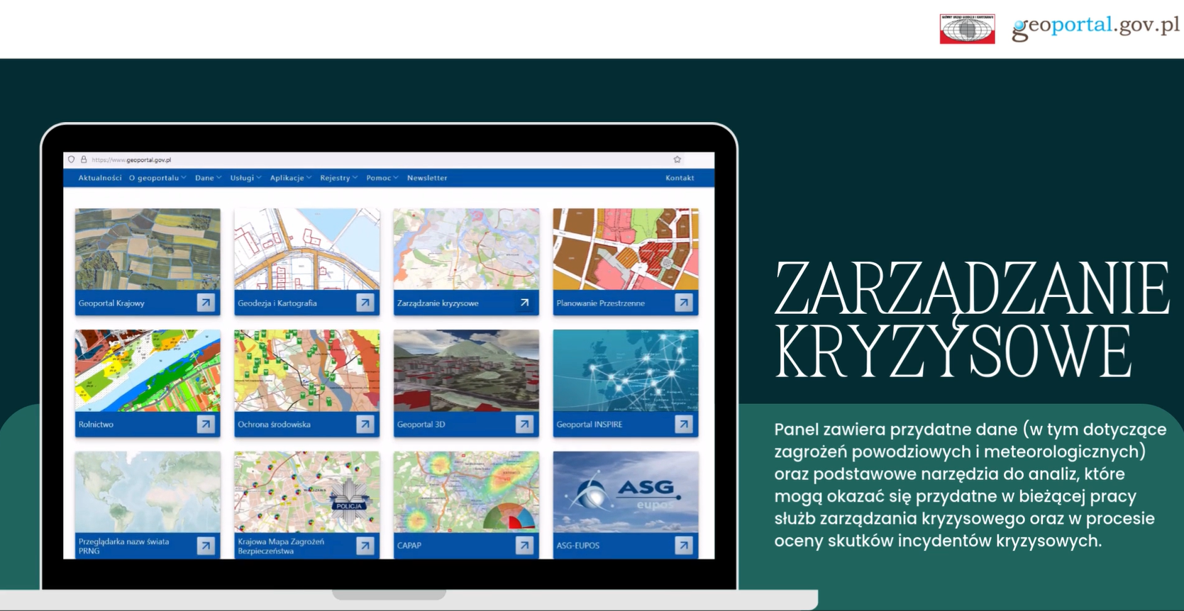 Zrzut ekranu ukazujący grafikę ze stroną startową serwisu www.geoportal gov.pl z opisem zawartosci panelu "Zarządzanie kryzysowe"