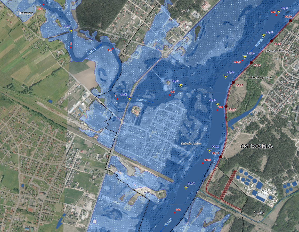 Fragment mapy zagrożenia powodziowego wraz z głębokością wody