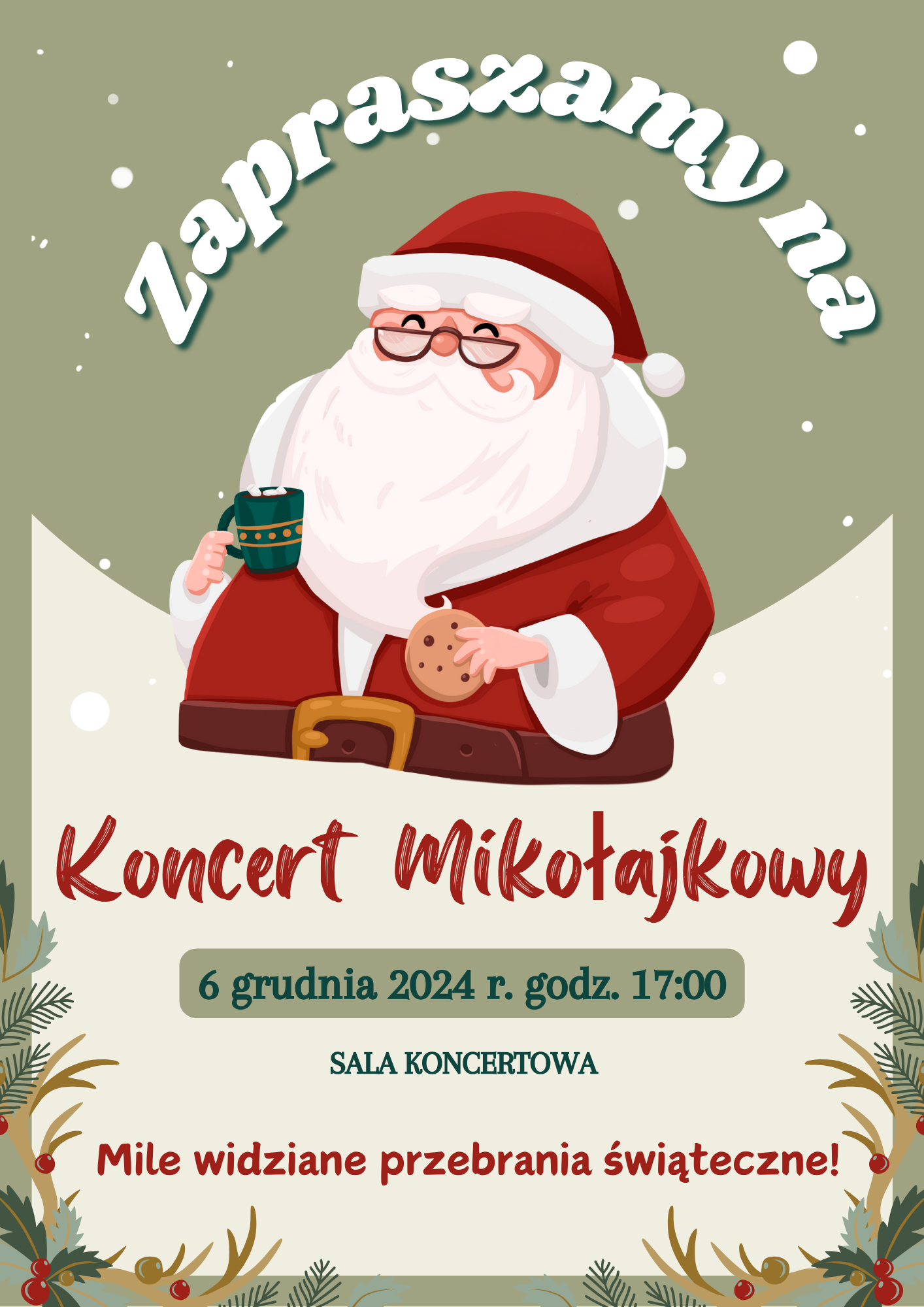 Plakat koncertu z grafiką Świętego Mikołaja na środku na zielonym tle