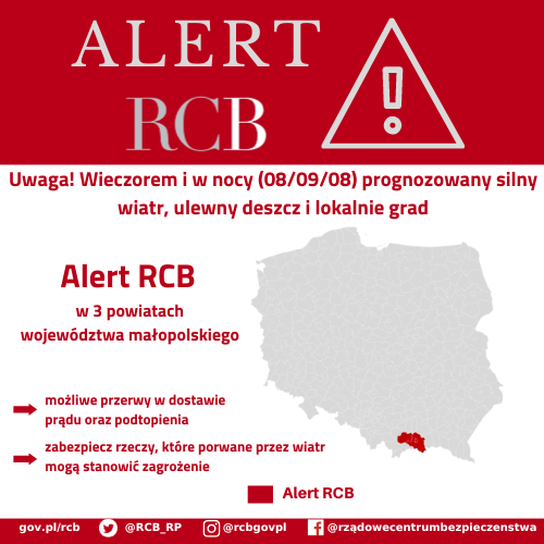 Alert RCB ulewny deszcz 8 sierpnia. Kolorem czerwonym zaznaczony jest obszar alarmowania.