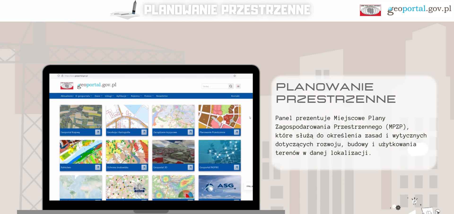 Zrzut ekranu ukazujący grafikę ze stroną startową serwisu www.geoportal gov.pl z opisem zawartości panelu "Planowanie przestrzenne"